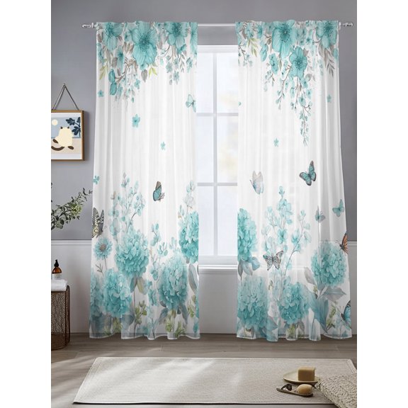 Hydrangea Flower Teal Watercolor Sheer Curtains 2 Panels Set Country Butterfly Lihgt Filtering Rod Pocket Voile Drape,Semi Sheer Window Curtains for Bedroom Living Room,52"x84"