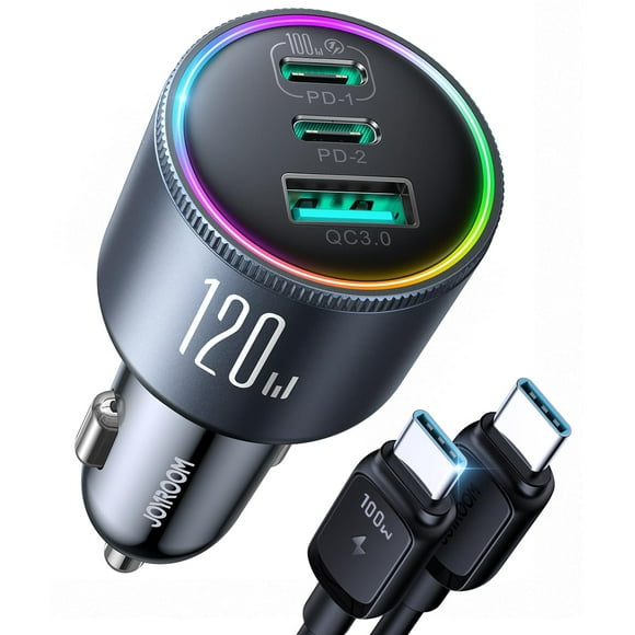 JOYROOM 120W Super Fast Car Charger USB C, 3-Port PD100W+PD35W Car Charger for iPhone 16 with USBC Cable, Type C Fast Charging Adapter for iPhone 16e/15 Pro Max, Samsung