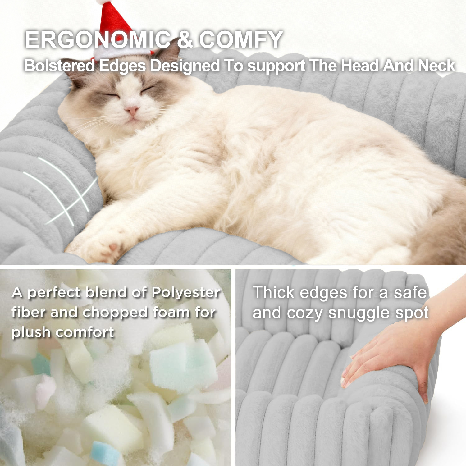 Sanmadrola Cat Bed for Indoor Cats Furry Corduroy Fleece Orthopedic Pet Bed Sofa Removable Washable Cover Non Skid Bottom, Grey