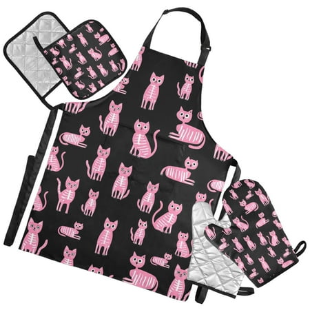 Ryvnso Cool Cats Bones Kitchen Apron Oven Mitts Set Pot Holders