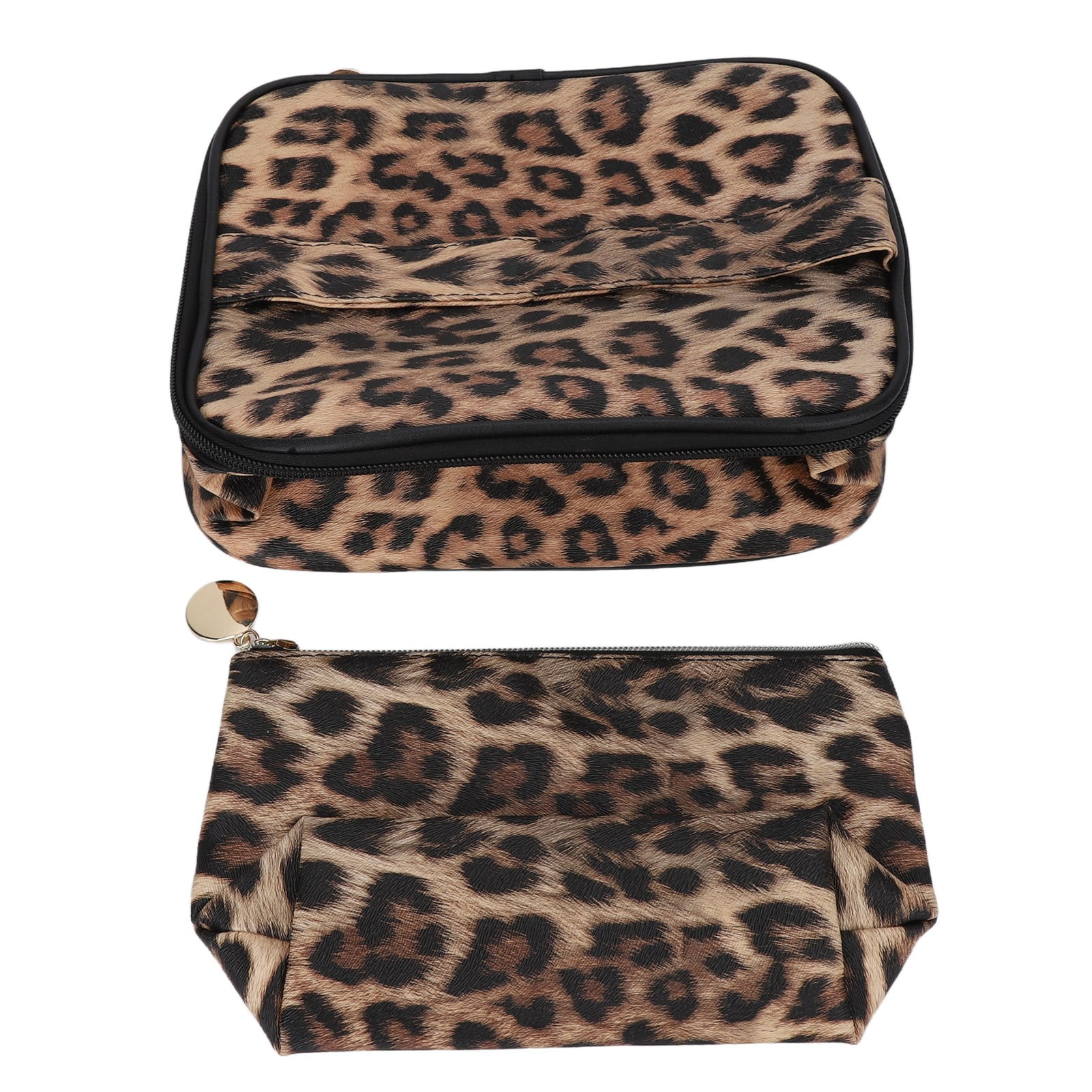 Waterproof PU Leather Leopard Print Makeup Bag Set, Large Capacity Cosmetic Pouch Pack of 2, 9.84 x 7.87 x 1.57 inches / 25 x 20 x 4 cm Travel Storage Organizer Duo For Women