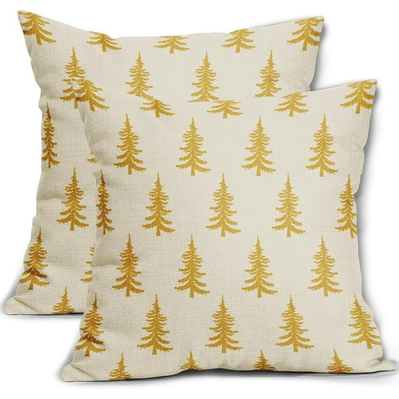 Christmas Tree Pillow Covers 18x18 Set of 2 Yellow Xmas Tree Rustic Style Winter Print Decorative Outdoor Pillowcases Farmhouse Vintage Holiday Decorations Throw Cushion Case Decor for Couch Sofa Bed