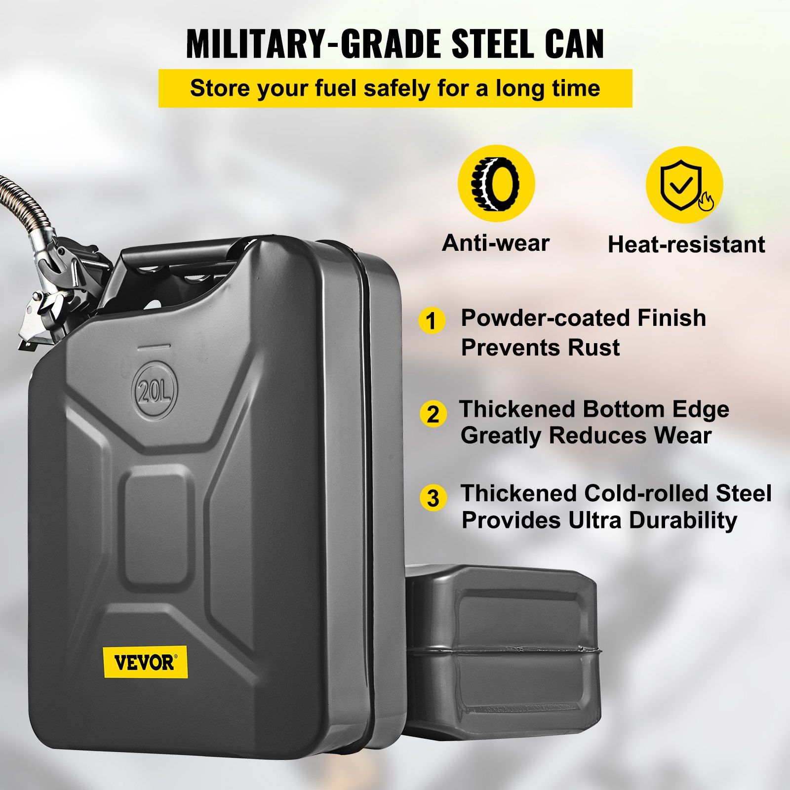 Jerry Fuel Can, 5.3 Gallon / 20 L Portable Jerry Gas Can with Flexible Spout System, Rustproof & Heat-resistant Steel Fuel Tank for Cars Trucks Equipment, Black