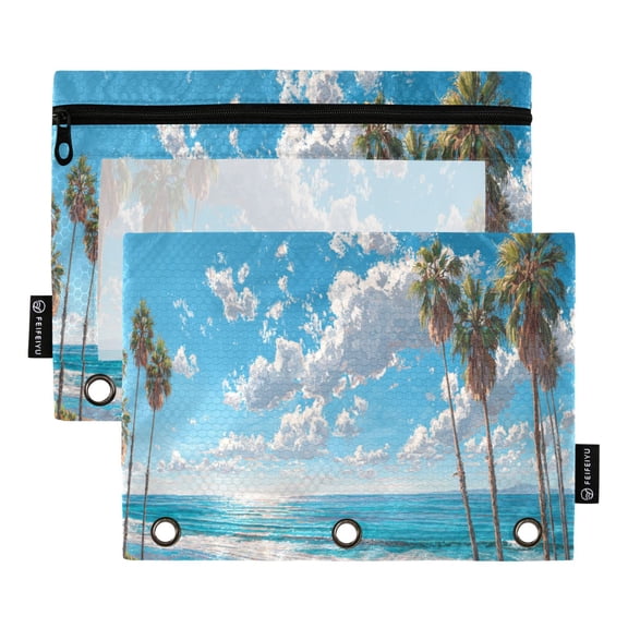 2 Pack 3 Ring Binder Pouch with Clear PVC Window Water Resistant Zipper Pencil Pouch Beautiful Beach Binder Pocket for Classroom Office Home Stationery Organization