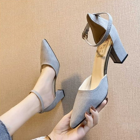

HaiMao Women s Pointed Toe Low Chunky Heels Pump Shoes Clearance Comfortable Heels for Women Chunky Ankle Strap Dress Pumps Shoes for Wedding office Party Gray 7.5(40)