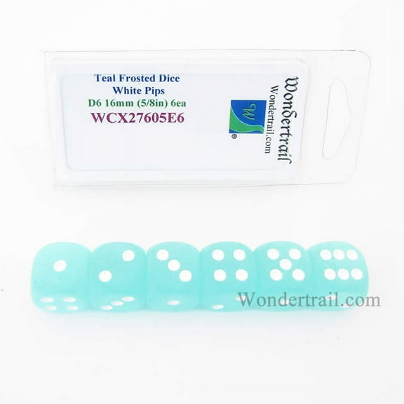 Teal Frosted Dice with White Pips 16mm (5/8in) D6 Set of 6 Wondertrail