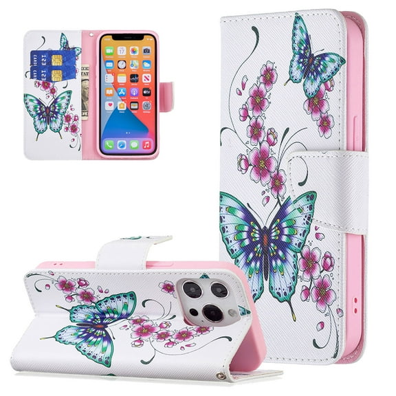 Allytech Wallet Case for iPhone 14 Pro Max (6.7 inch 2022), Colorful Painting PU Leather Flip Folio Case with Card Holders Kickstand Shockproof Case for iPhone 14 Pro Max 2022, Floral Butterfly