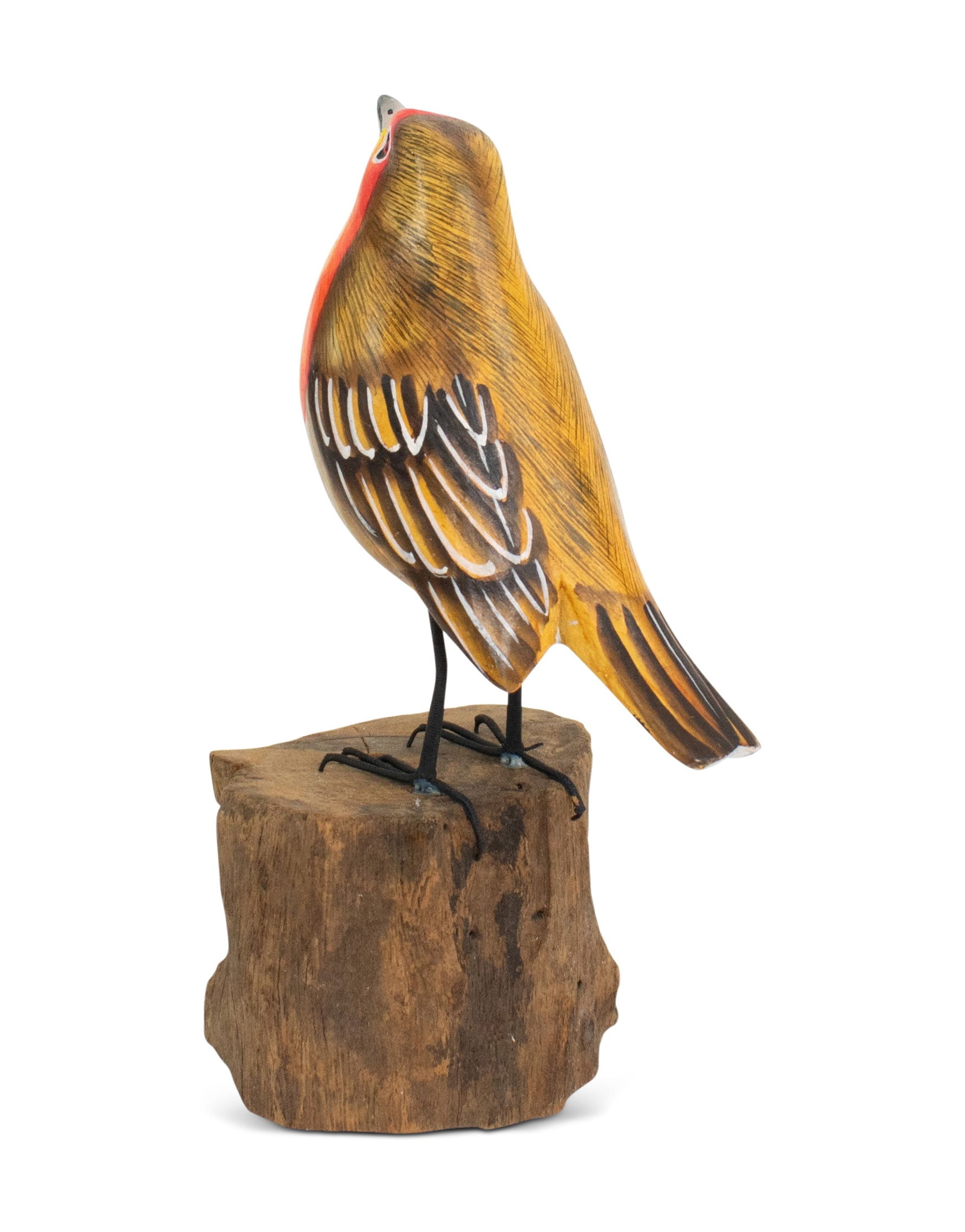 Wood European Robin Figurine – Hand Carved Songbird Sculpture, Rustic Bird Decor on Driftwood Base
