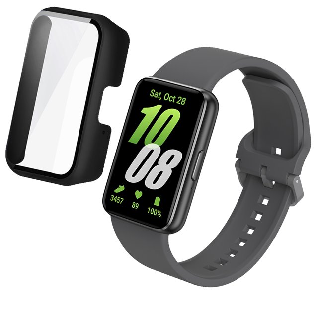 Glass Case+Silicone Band For Samsung Galaxy Fit 3 Strap Screen Protective Cover For Samsung Galaxy Fit 3 Bracelet Watchband Deep Gray For Galaxy Fit 3