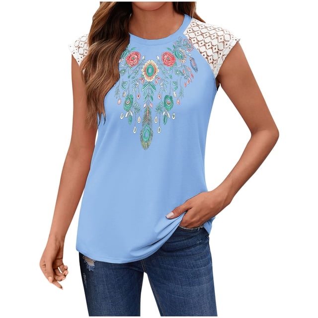 Qulqfy Tunique Décontractée Bleue à Manches Courtes en Dentelle Vintage T-Shirts TTG