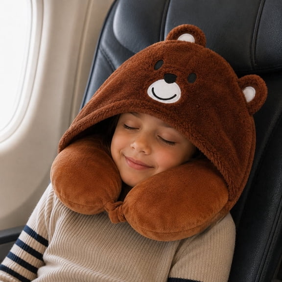 Kids Memory Foam Travel Neck Pillow with Hood, Soft 360Β° Neck Support for Airplane, Car and Road Trips