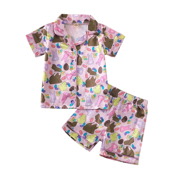 Toddler Easter Pajamas Boys Girls Silk Pajamas Short Sleeve Cute Print Button down Sleepwear Lounge Sets 3-4 Years Girls Pajamas