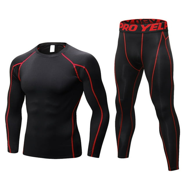 LANBAOSI Men Workout Set Compression Shirt and Pants Male Top Long Sleeve Sports Tight Base Layer Suit Quick Dry & Moisture-Wicking Size Small