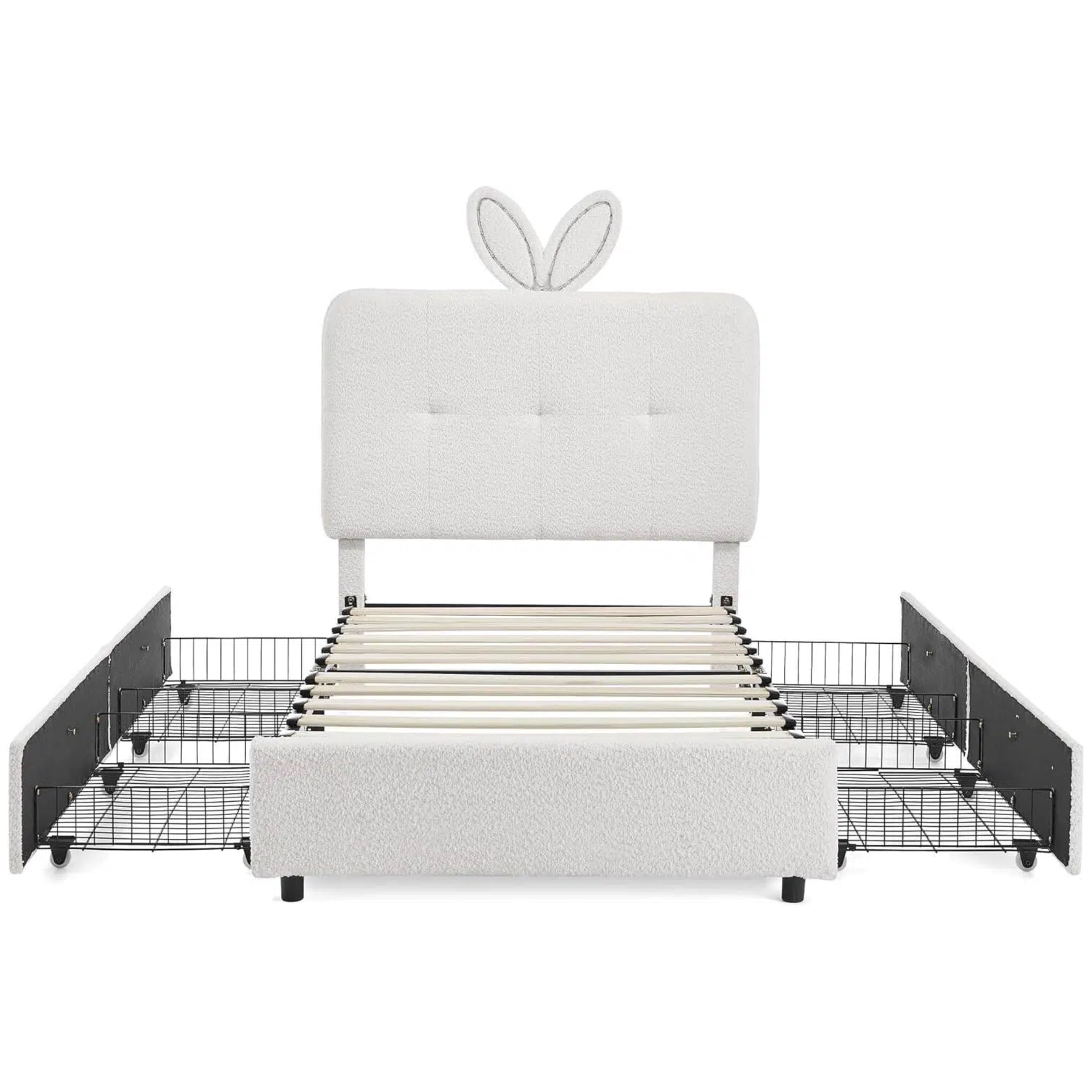 Aisword Twin Upholstered Bed Frame with 4 Storage Drawers & Rabbit Ear LED Headboard, No Box Spring Needed, Wooden Slats Support, Beige