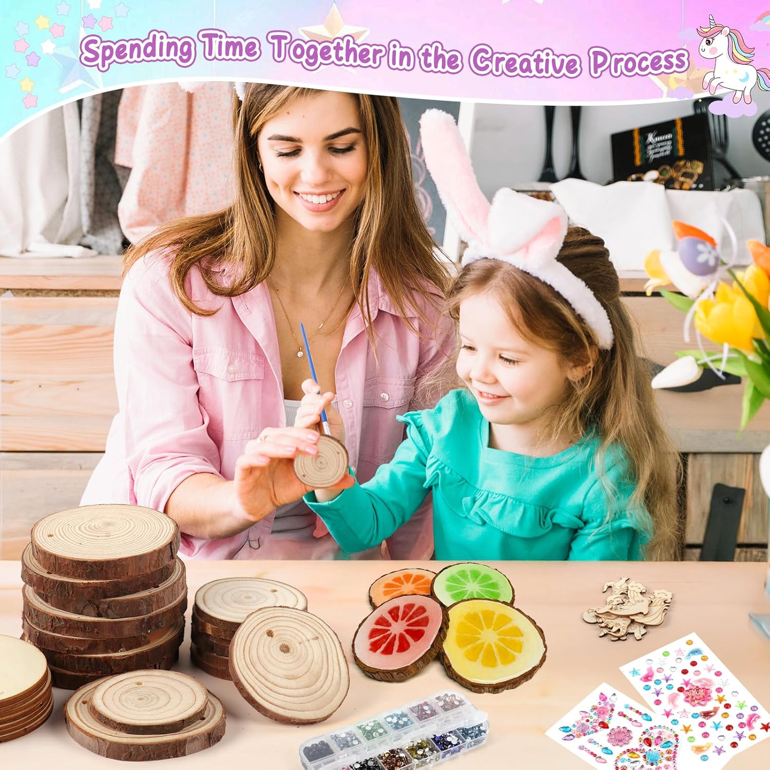Wooden Painting Kit for Kids 6-12, 26 Pcs Wood Slices Craft Kit Gift Set with Assorted Gems & Diamond Painting Tools, Creative Art Activity Supplies for Boys Girls