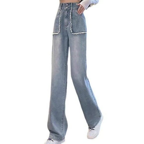 QIUOMBBP Raw Edge Jeans for Women High Waist High Waisted Straight Leg Denim Pants with Pockets Casual Baggy Jean Trousers, Light Blue, XS
