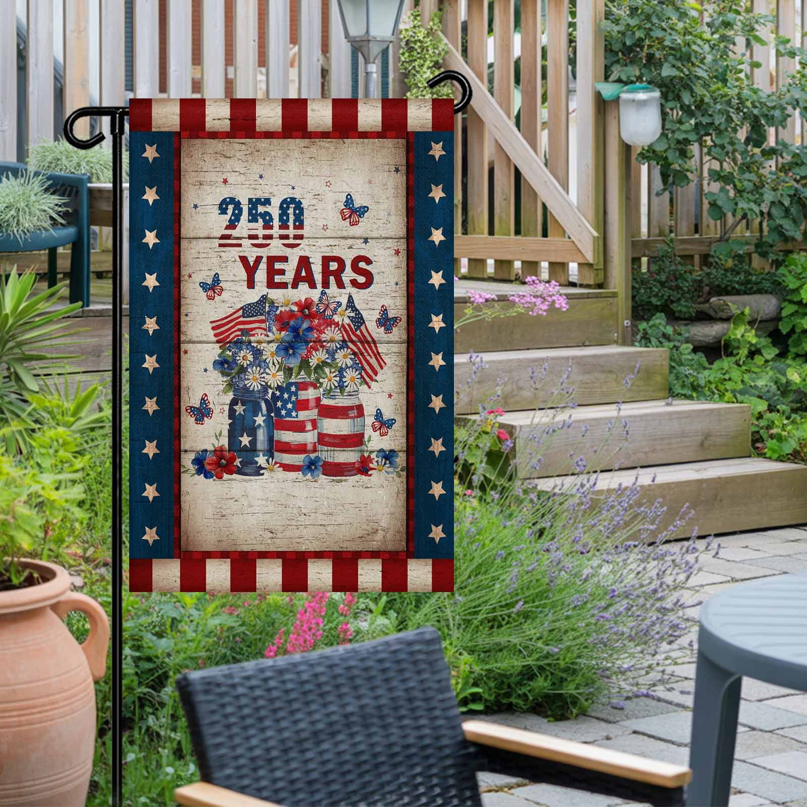 Patriotic 4th of July Garden Flag 28x40 Inch 250 Years Stars Stripe Flag Floral Wooden Double Sided Small Decorative Garden Flags for Outside, Outdoor Yard Porch Lawn Decoration