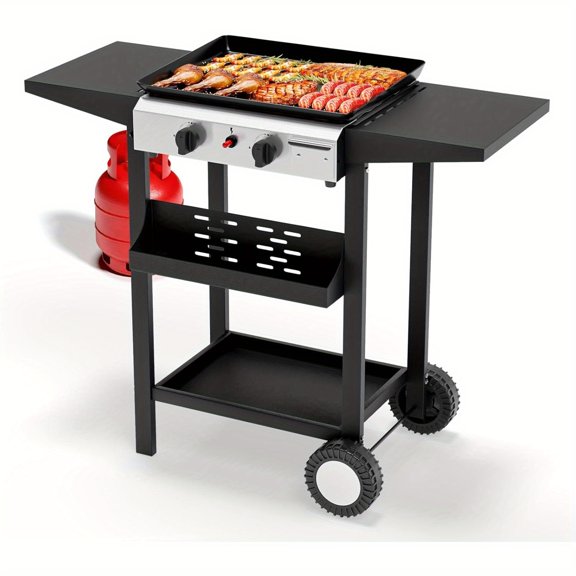 2-Burner 20,000 BTU Portable Propane Griddle - Nonstick Enameled Tray, Piezo Ignition, Side Shelves - Ideal for Camping, Tailgating & Backyard BBQ