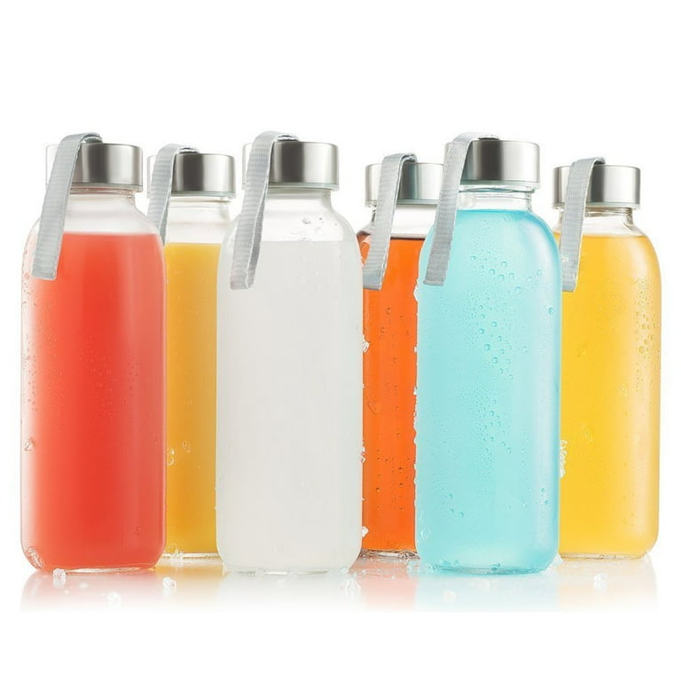 Home-it Glass Bottles 6 Pack 16oz - Water Bottle Glass with Stainless Steel  Caps with Carryin 