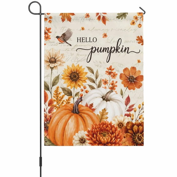 Fall Hello Pumpkins Garden Flag 12 x 18 Inches, Thanksgiving Country Sunflower Bird Berry Leaf Weather Proof Outdoor Patio Flags Double Sided Small Garden Decoration for Yard Outside Home