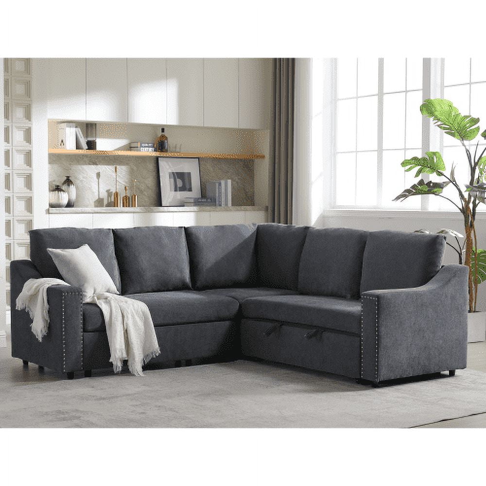 BSHTI L-Shaped Sofa with Pull-Out Sofa Bed,Corner Sofa,Living Room Furniture Set,Sleeper Sofa Bed,Corner Seat for Two with Broaching Sofa,Rivet DeChenille,Gray