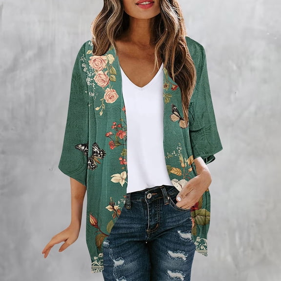 NTACZA Casual Light Weight Cardigan Women Open Front Flowy 3/4 Sleeve Butterfly Floral Kimono Coverups Relaxed Beachwear Multicolor