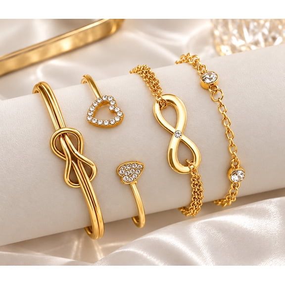 Women’s Gold-Tone Infinity Bracelet Set with Crystal Heart & Rhinestone Accents, Stackable Jewelry