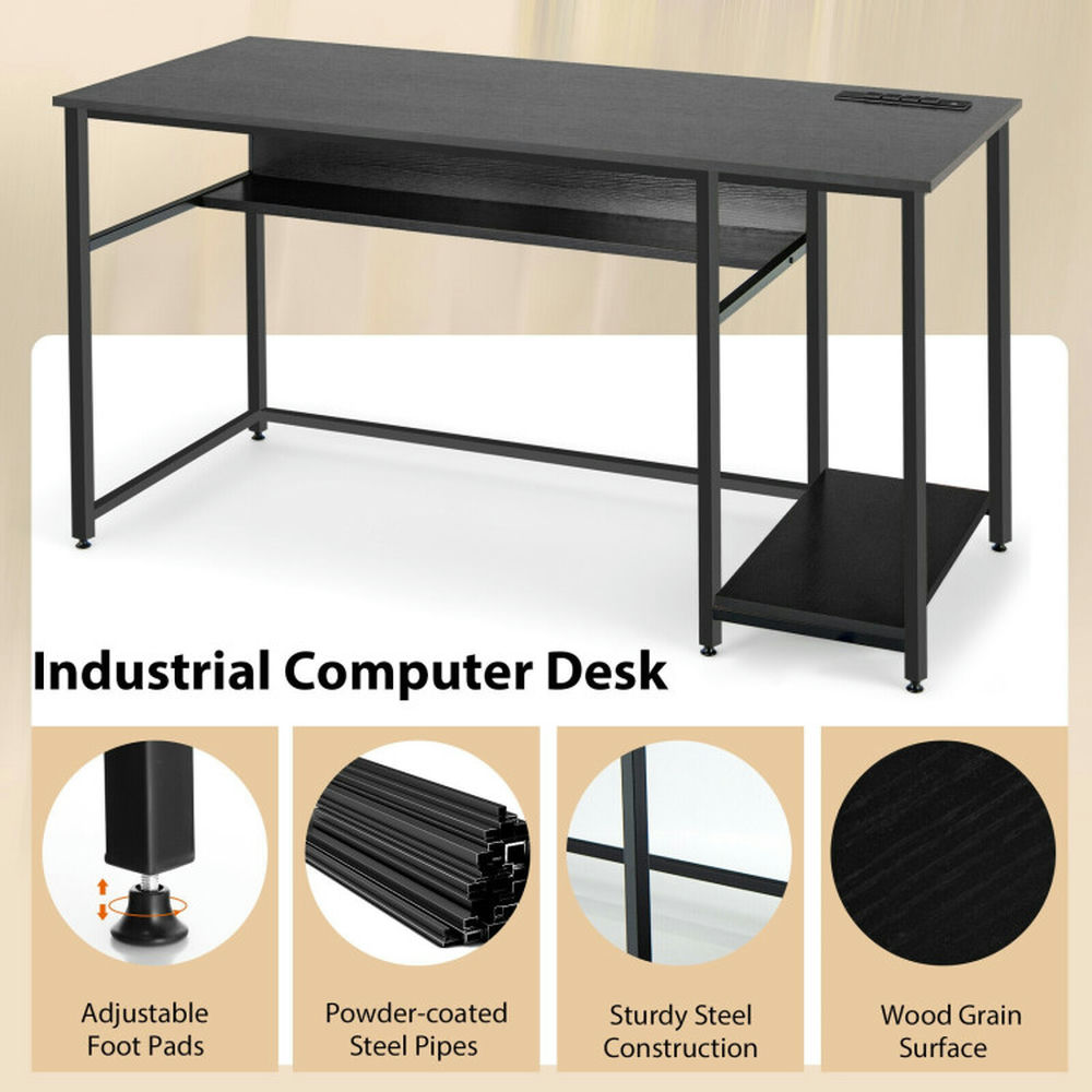 Demi Bonn 55" Computer Desk with Power Outlets and USB Ports for Home and Office Study Writing Table, Black