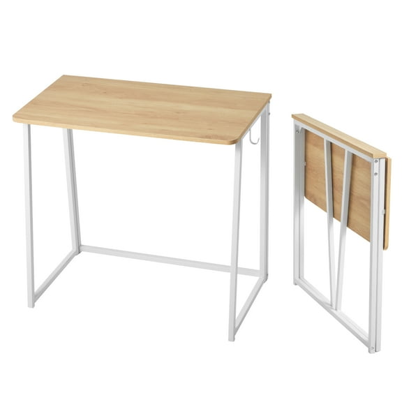 KFFKFF Folding Desk, 31.5" Compact Table with Storage Hooks, Space-Saving Computer Desk for Small Areas, Writing Workstation for Home Office, Simple Assembly, Oak Finish
