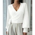 thumbnail image 5 of Women'S Casual V Neck Wrap Sweater Pullover Long Sleeve Slim Fit Knit Crop Top Sweater White M, 5 of 9