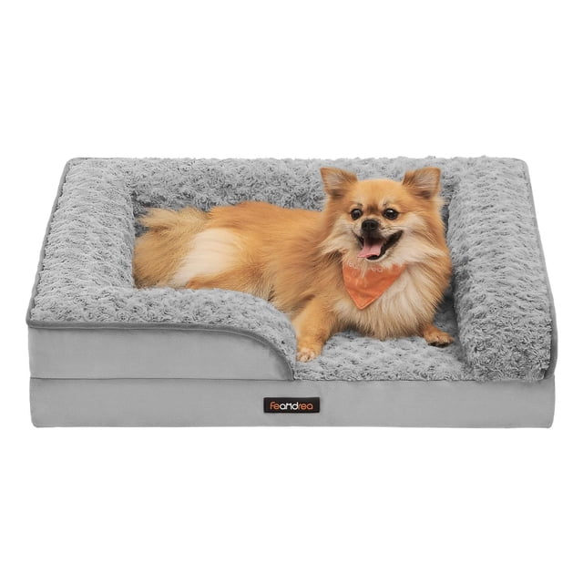 Cama Ortopédica para Perros Feandrea Gris Paloma con Funda Rosa y Bordes Elevados Acolchados