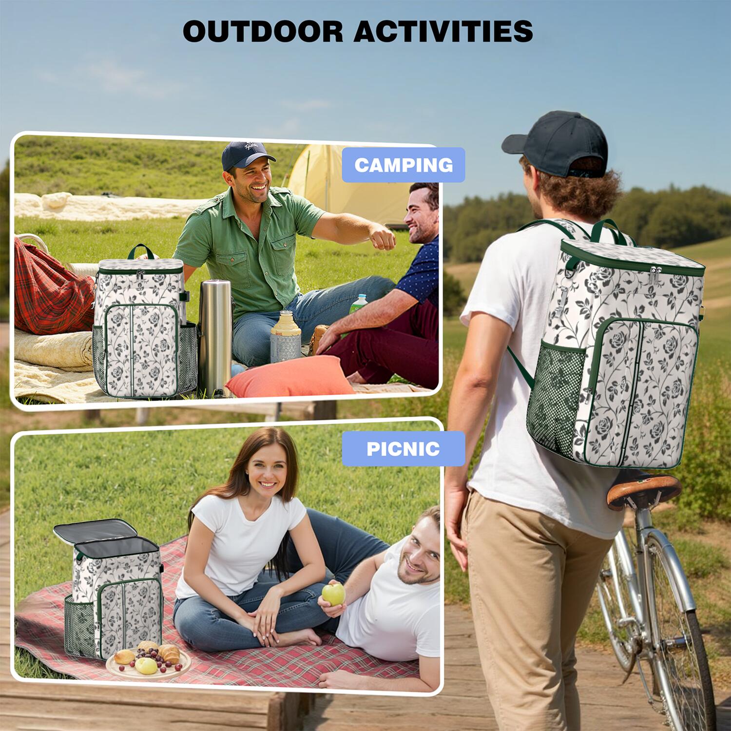 Travel Cooler Bag - Pioneer Flower Floral Print Pattern Camping Beer Cooler Backpack with Bottle Opener- Waterproof Insulated Picnic Backpacks - Cooler Bag for Beach