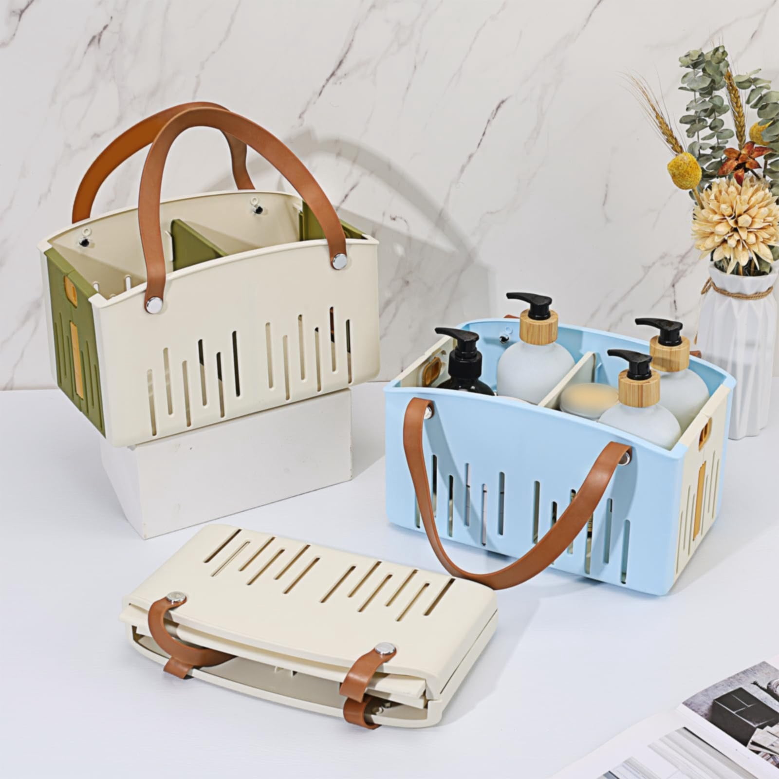 Portable Shower Caddy Basket, Plastic Collapsible Cleaning Organizer, Storage Tote with Handle, Removable Divider for College, Dorm Room, Camp, Gym, Dorm, Bathroom, 11.02x7.09x6.5"