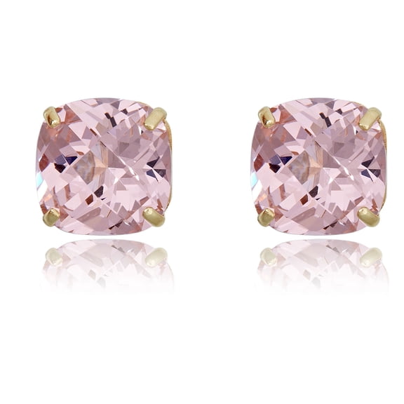 AVORA 10K Yellow Gold 8mm Cushion-cut Pink Simulated Diamond Cubic Zirconia (CZ) Stud Earrings