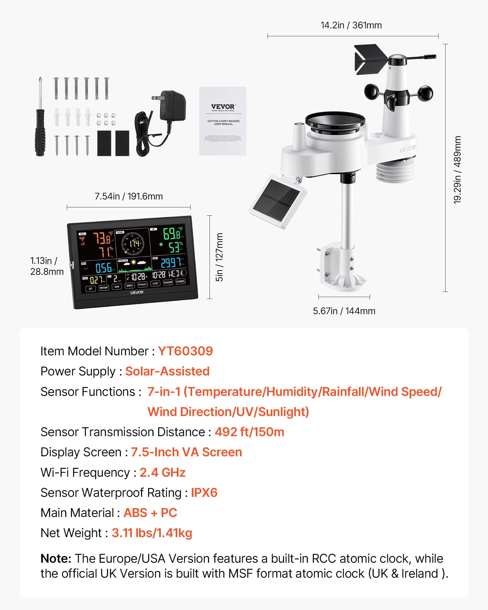 VEVOR 7-in-1 Wireless Weather Station, 7.5-Inch VA Display, Solar Powered Outdoor Sensor, Rain Gauge, Indoor Outdoor for Weather Forecast, Temperature, Humidity, Wind Speed and Direction (No WiFi)
