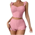 thumbnail image 5 of LEKEK Pajamas for Women Set Ribbed Ruffle Cute Cami Pajama Set Crop Tops and Shorts Slim Fit Solid Lounge Wear Summer Soft 2 Piece Sleepwear, 5 of 6
