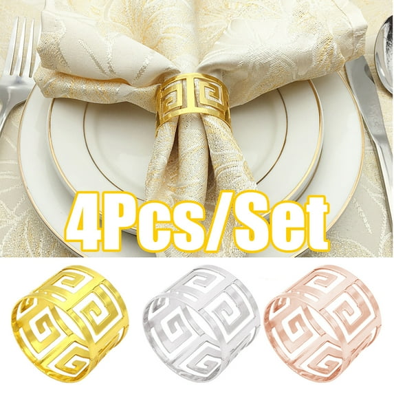 SPRING PARK 4Pcs Hollow Out Napkin Rings Stainless Steel Napkin Rings Hollow Cut Napkin Holder Ring Metal Napkin Serviette Buckles Round Napkin Ring Holders