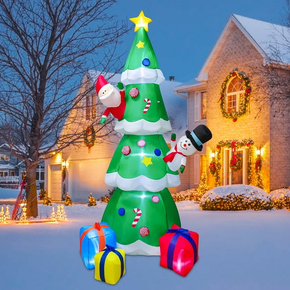 8Ft Christmas Inflatable Decoration Christmas Tree with Built-in LED Lights, Blow up Inflatable Tree with Snowman, Santa and Gift Boxes for Party Indoor, Outdoor, Yard, Garden, Lawn Décor