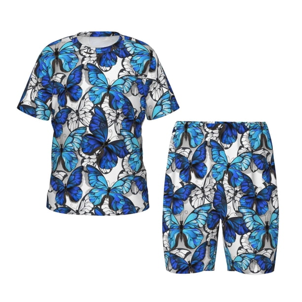 Balery Blue and White Butterflies Conjunto de Pijama Infantil de Manga Corta con Estampado – Ropa de Dormir de Algodón Suave-XX-Large