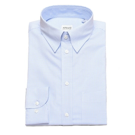 - Armani Collezioni Men's Cotton Dress Shirt Checkered Light Blue