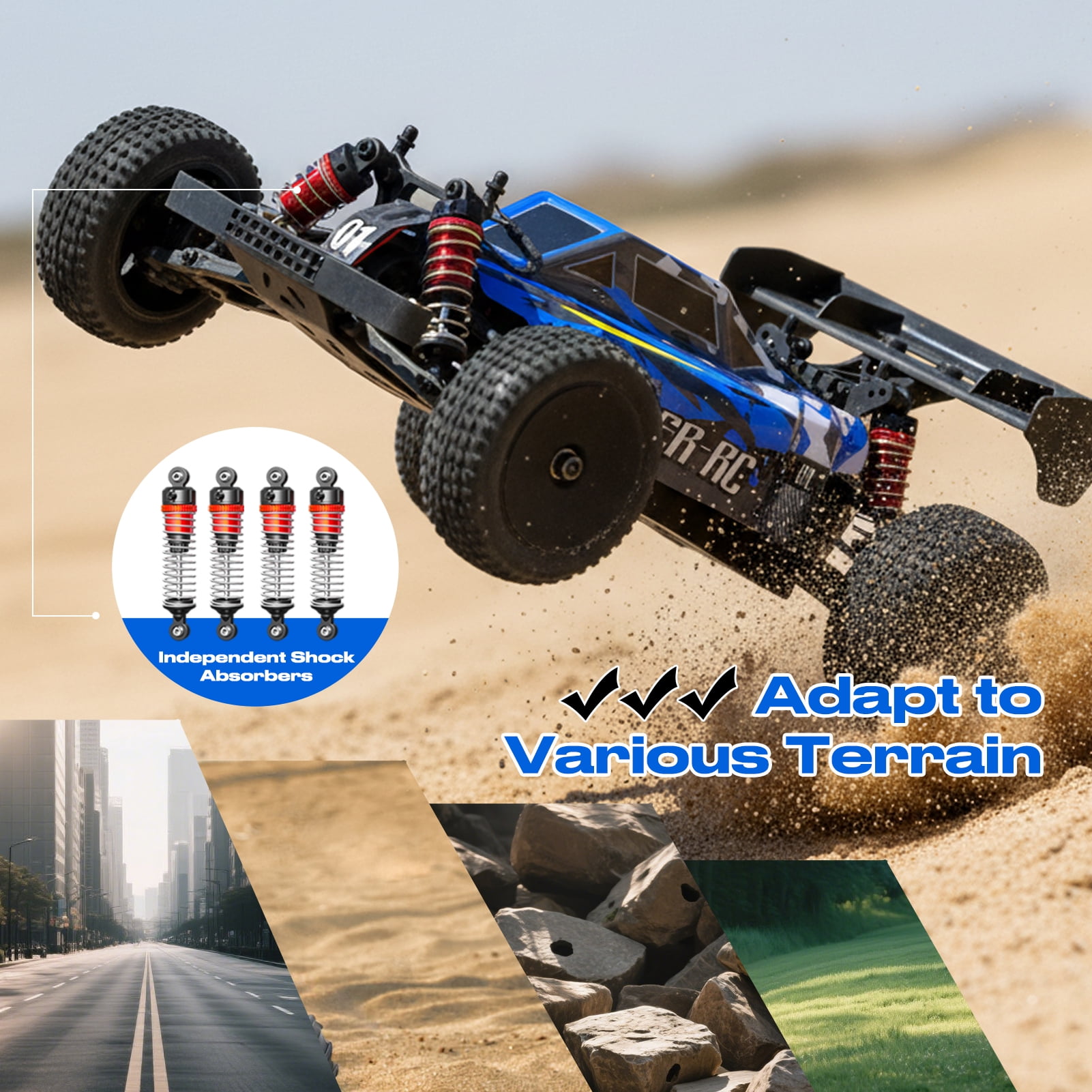 1:14 4WD RC Monster Truck, 35KM/H High Speed, Dual Batteries, Full Proportional Control, 7 LED Lights, All Terrain RC Car