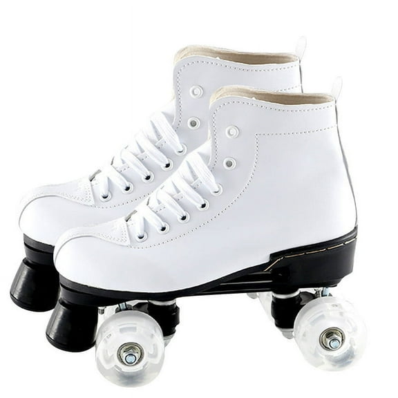 Uutvmp Women's Roller Skates PU Leather High-top Roller Skates Four-Wheel Roller Skates Double Row Shiny Roller Skates for Indoor Outdoor, Flash Wheel White 38