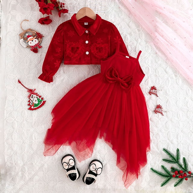 Conjunto de dos piezas de top navideño con cuello vuelto y manga larga para niña y falda acampanada sin tirantes de red irregular, vestido de algodón para niña