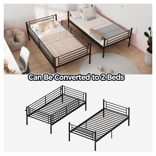 Twin Over Twin Metal Bunk Bed with Ladder and High Guardrail, Convertible to 2 Twin Beds, Noise-Free, Storage Space, Black