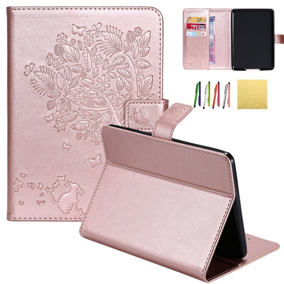 Kindle Paperwhite Case, Allytech Embossed Cat & Tree PU Leather Stand Folio Cover with Credit Card Slots for Amazon Kindle Paperwhite ( Fit All Paperwhite Generations Prior to 2018),, Rosegold