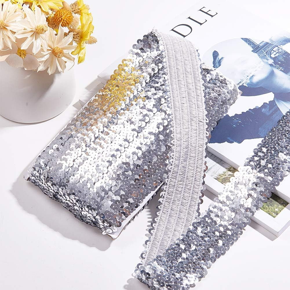 Elastic Sequin Flat Glitter Stretch Bling Paillette Fabric Ribbon Applique Trim Lace Band for Dress Embellish Headband (45mm/ 1.7inch Wide 10yards Long Silver)