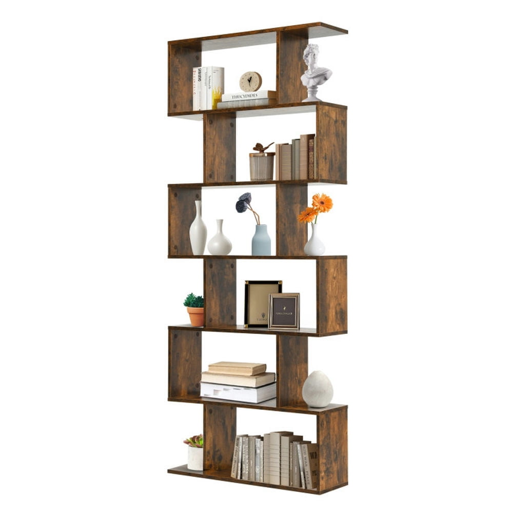Demi Bonn 6 Tier S-Shaped Bookshelf Storage Display Bookcase Decor Z-Shelf, Brown