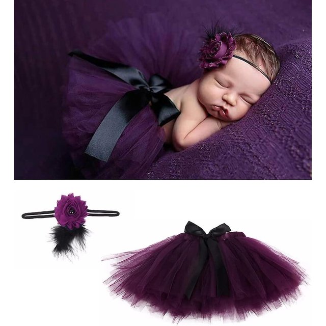 Conjunto de 2 piezas de falda tutú para niña recién nacida, ropa para baile, accesorios para fotos, disfraz con diadema (morado, azul)