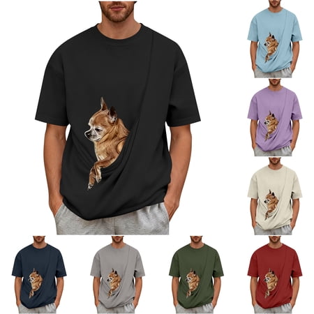 Men's Casual Pet Pouch Top Functional Large Crossbody Pocket Comfortable Everyday Wear Solid Color Short Sleeve T-Shirt for Walking Trips & Leisure Time | TruBelle,Khaki L