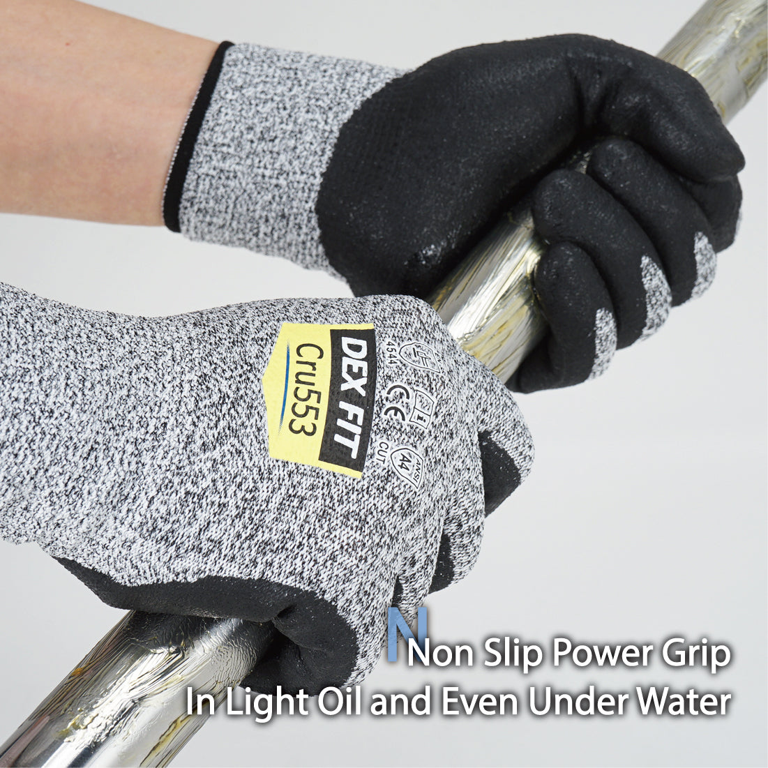 DEX FIT CRU553 Grey Level 5 Cut Resistant Gloves (Power Grip, Durable Foam, X-Large) - 3 Pair